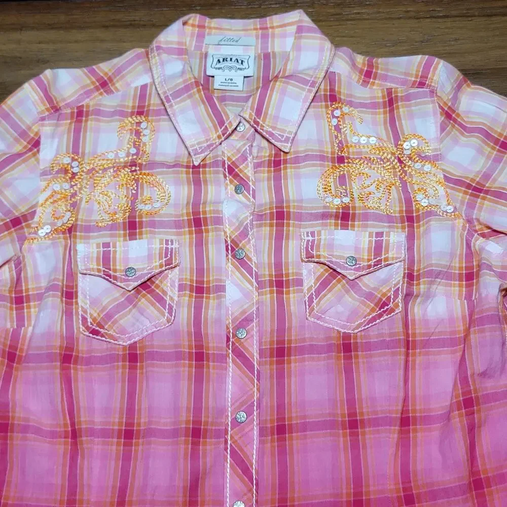Ariat LS Pink Fitted Full Snap Ladies Western Shirt w/ Embroidery - Size Large - Picture 2 of 9
